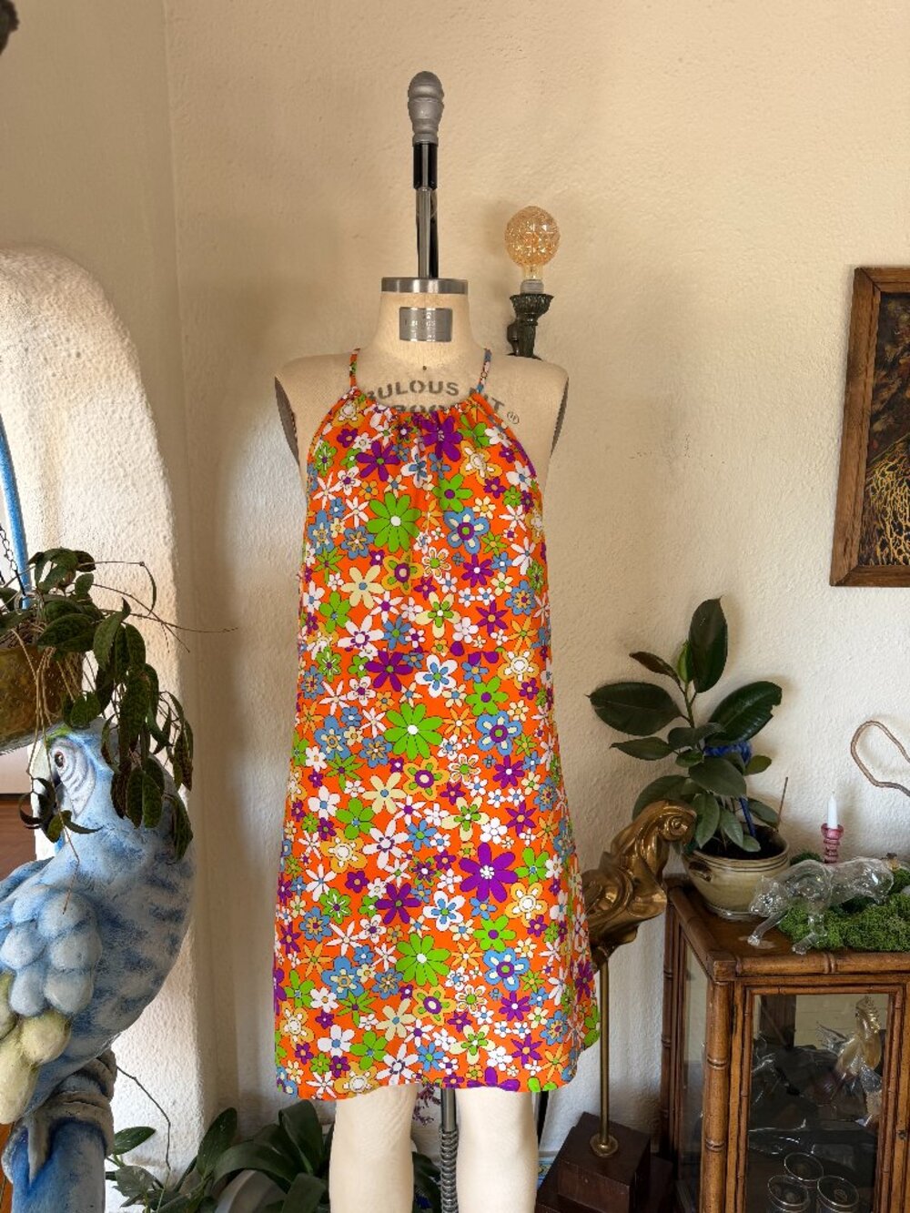 60s Vintage Floral Print Mod Style Halter Midi Dress VTG